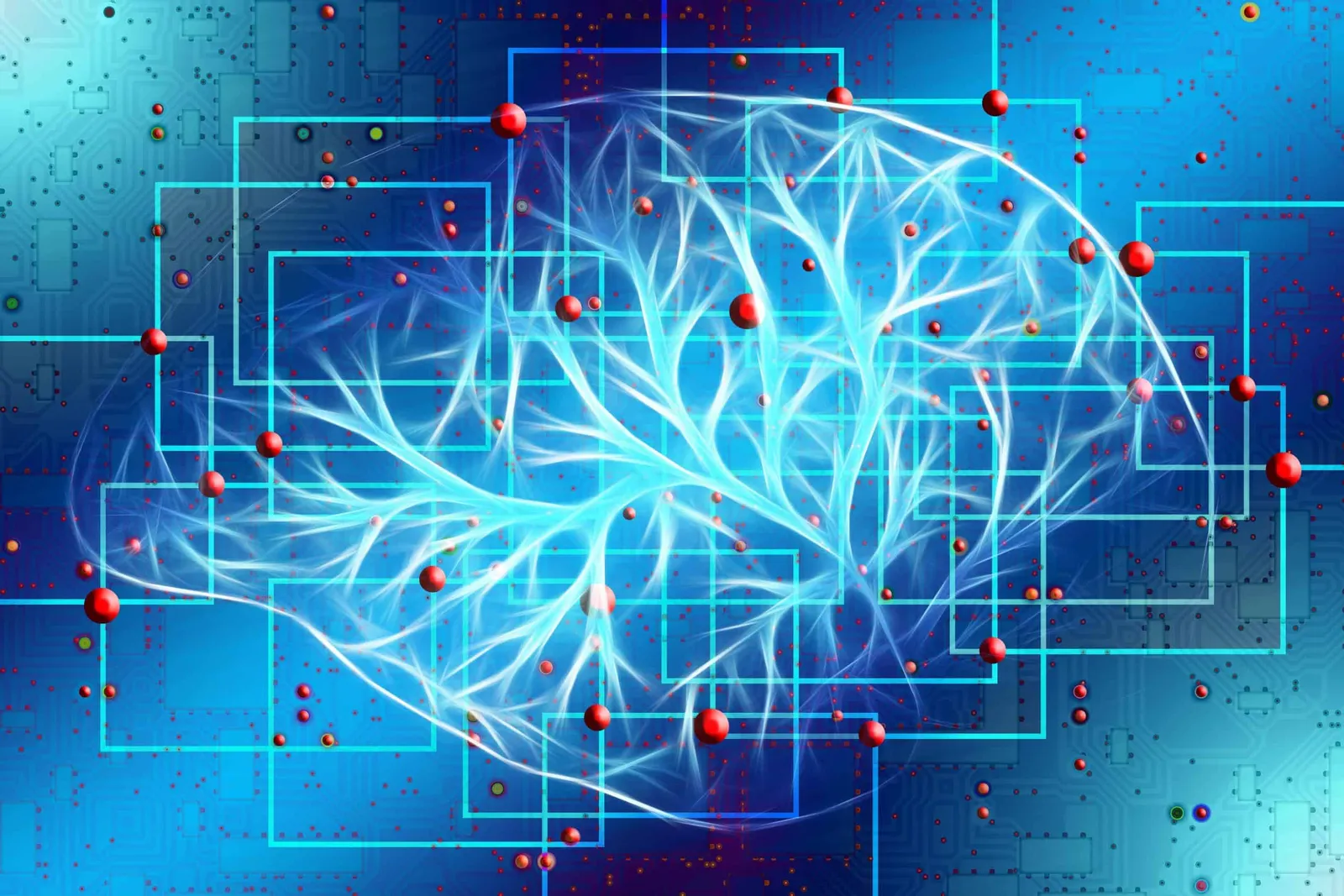 Digital brain network with interconnected nodes and neural pathways.